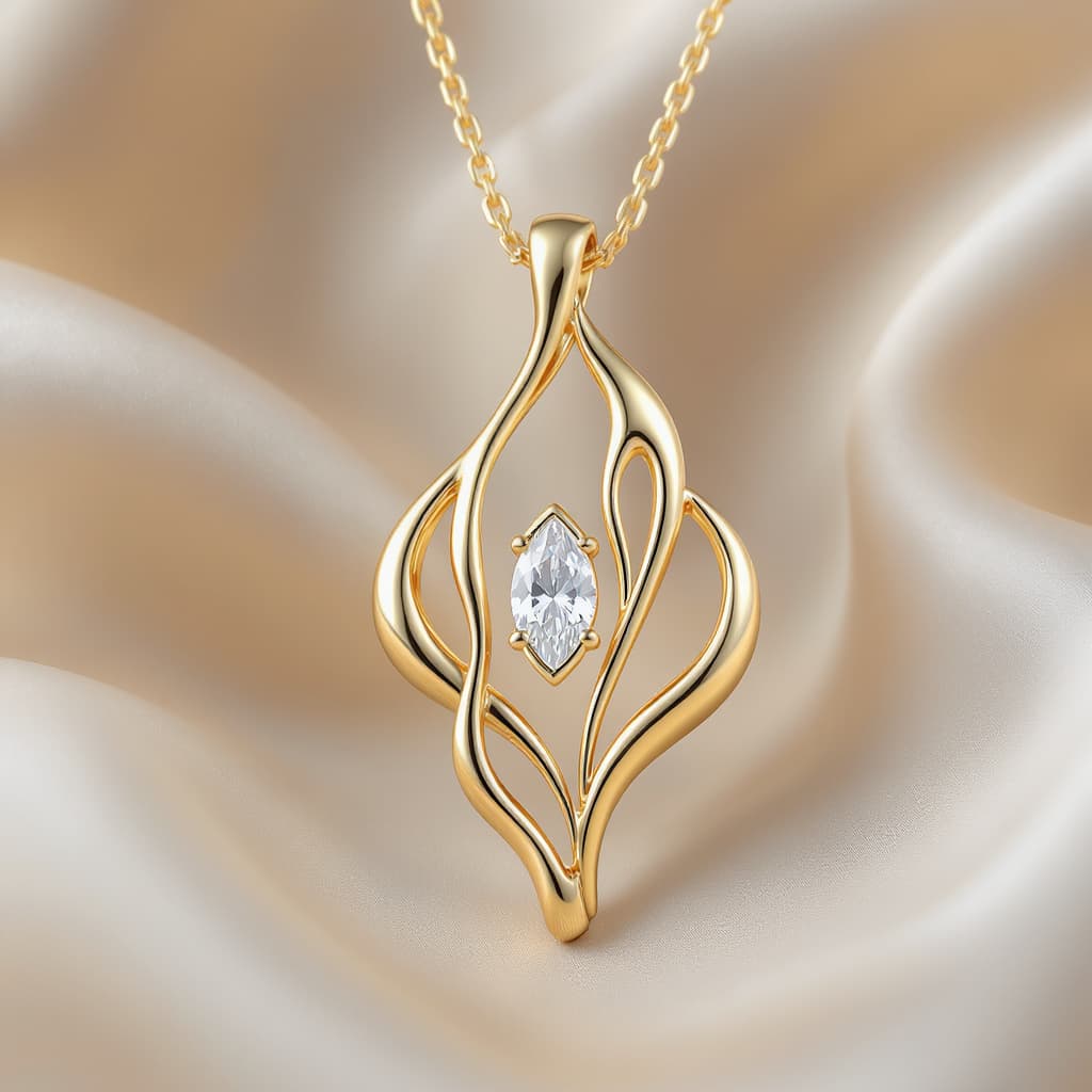 AI generated: Luxury organic pendant necklace in 18K yellow gold inspired by flowing botanical forms and high-end ...