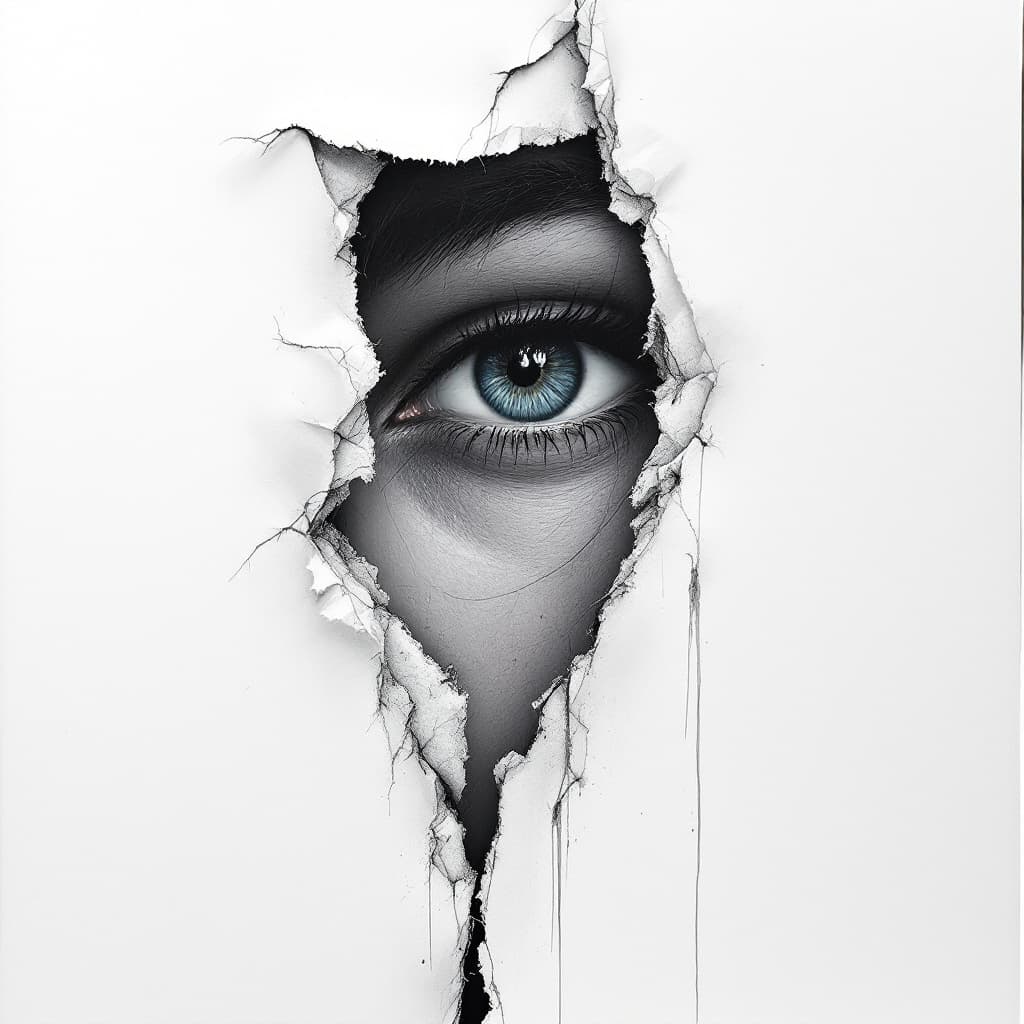 AI generated: A hyperrealistic oil painting, white background of an eye peeking through ripped paper with the shap...