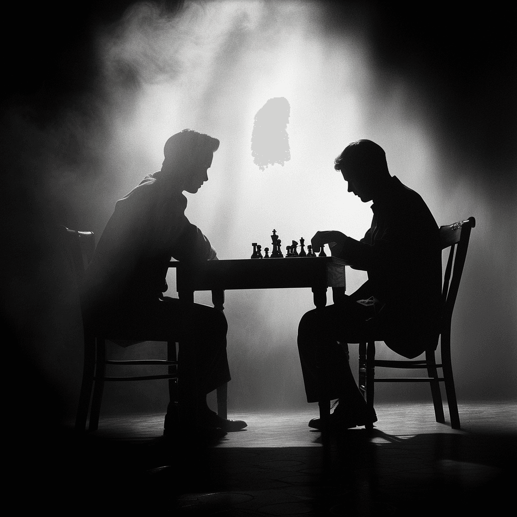 AI generated:  sitting, monochrome, greyscale, male focus, multiple boys, 2 man, chair, table, silhouette, dark, c...