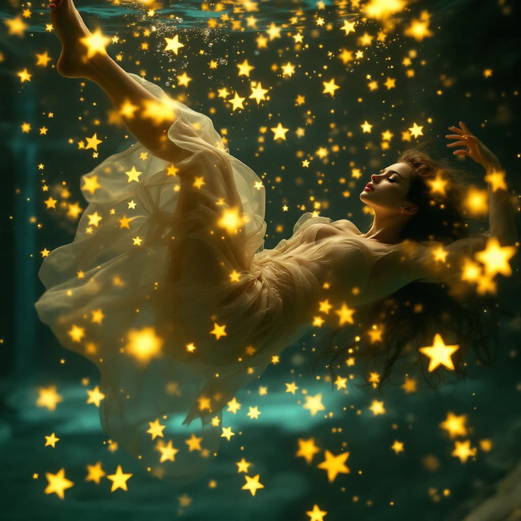 AI generated:  (A hyper-realistic, masterpiece-level color photograph:1.3) of a beautiful woman floating underwate...