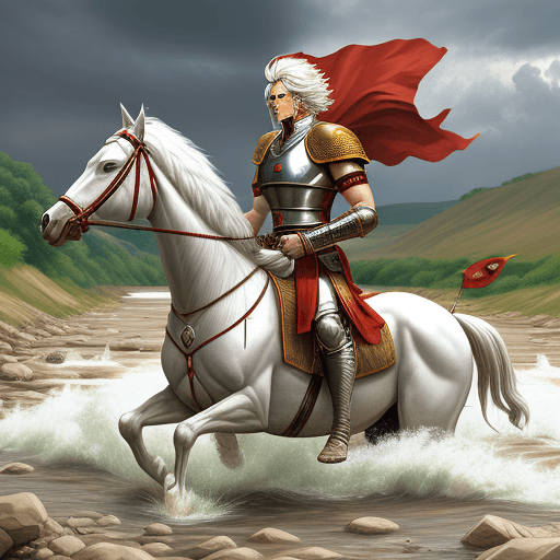 AI generated: Photo of a great warrior karna in Indian battle field on blood river flowing ground