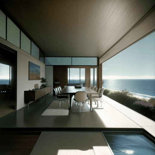 AI generated: Hyper realistic eye level exterior photo of a mid century modern style house overlooking the ocean, ...