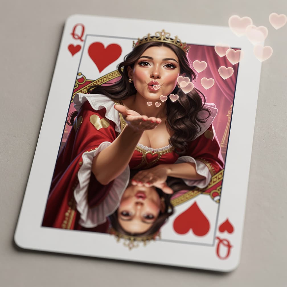 AI generated: In a photojournalistic style: an incredibly realistic playing card featuring the Queen of Hearts, wo...
