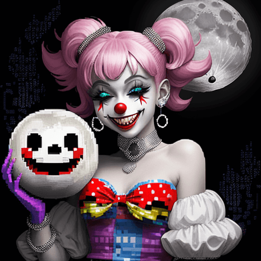 AI generated: smily clown getting diamond grills on teeth,moon lights,v 4 --q 2 --ar 9:16, SAI Pixel Art