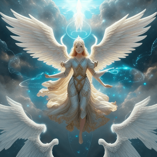 AI generated: Perfectly-centered photograph of a real life godly ((angel)) with wings descending from (((heaven)))...