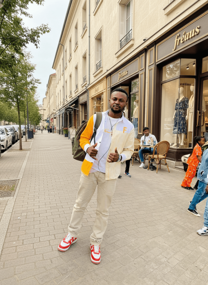 AI generated: The Hispanic male is 5'1" tall, he is walking on the sidewalk next to boutiques and restaurants in a...