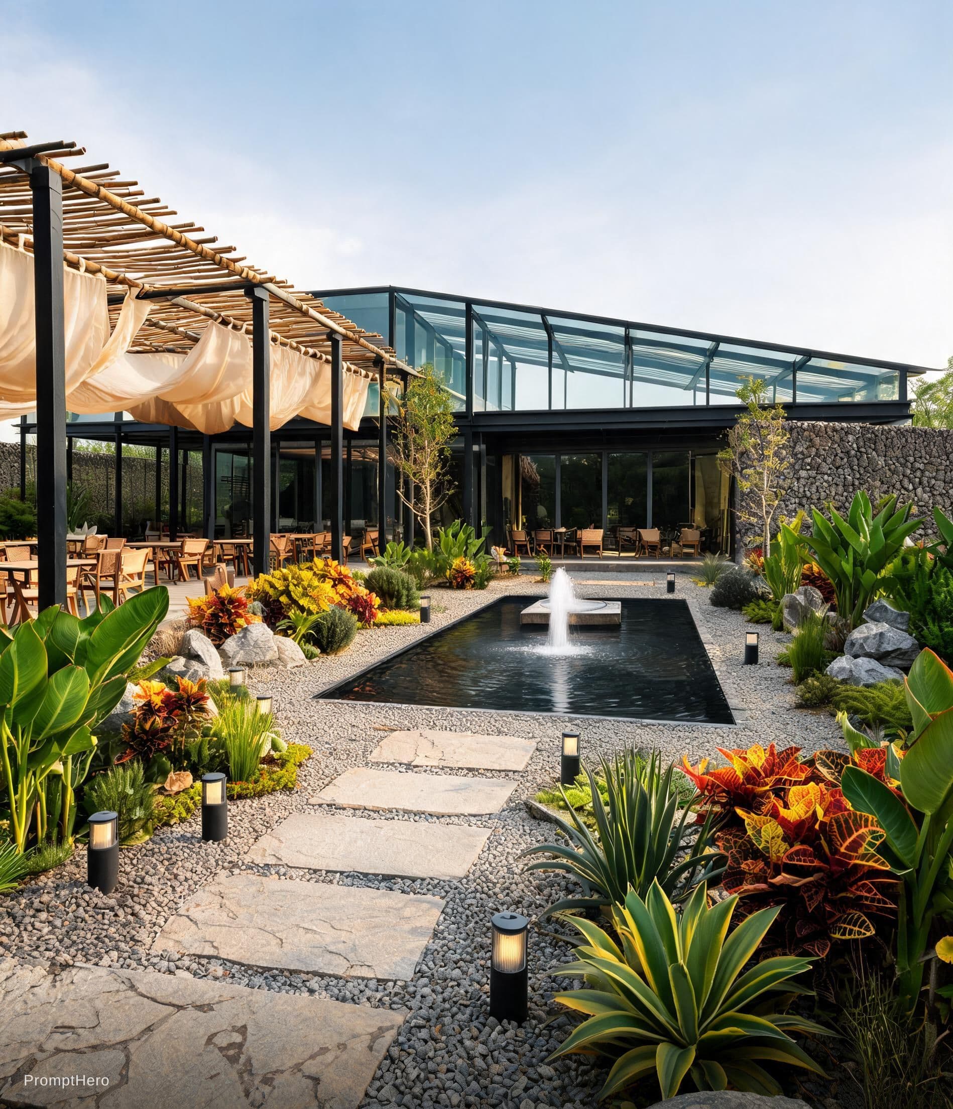 AI generated: Create an image of garden restaurant with glass and steel structure with lots of greenery and colorf...