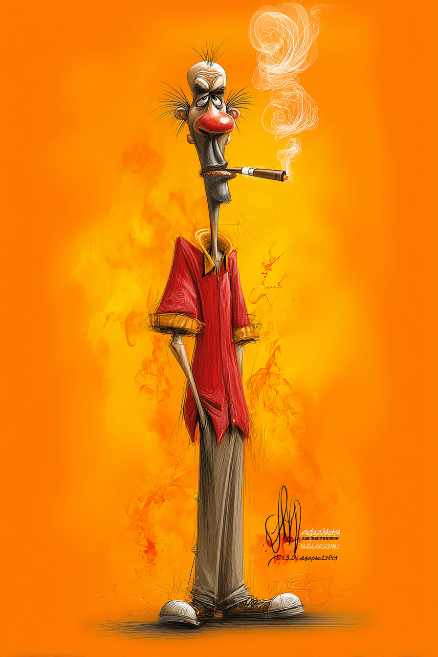 AI generated: funny caricature, disheveled clown character, male, 45 years old, messy, grumpy, tired, exaggerated ...