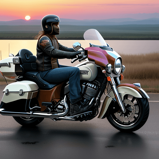 AI generated: picture ultra realistic biker on a indian motorcycle on the road 66 sunset side view --ar 4:6 --v 6....