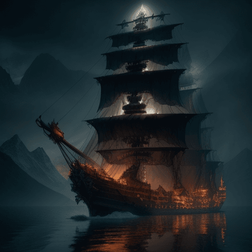 AI generated: a large skull and a ship on water, in the style of photorealistic renderings, mountainous views, i c...