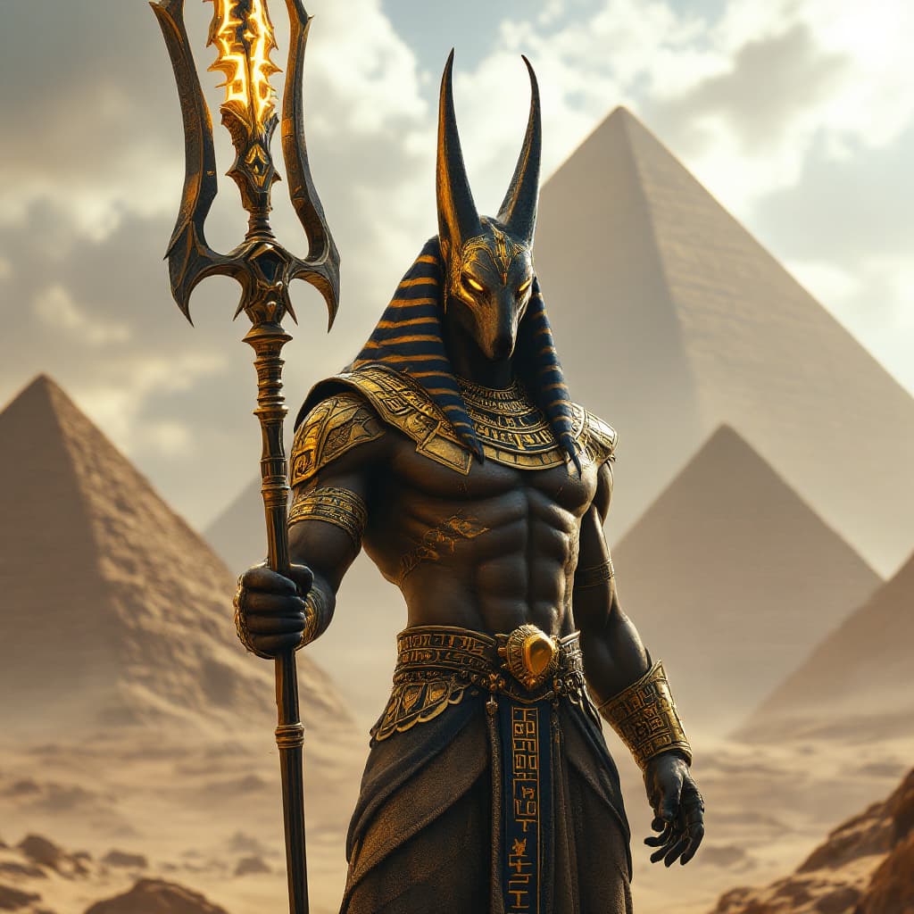 AI generated: A towering, jackal-headed deity, Nasus, stands with a muscular, god-like physique covered in golden ...