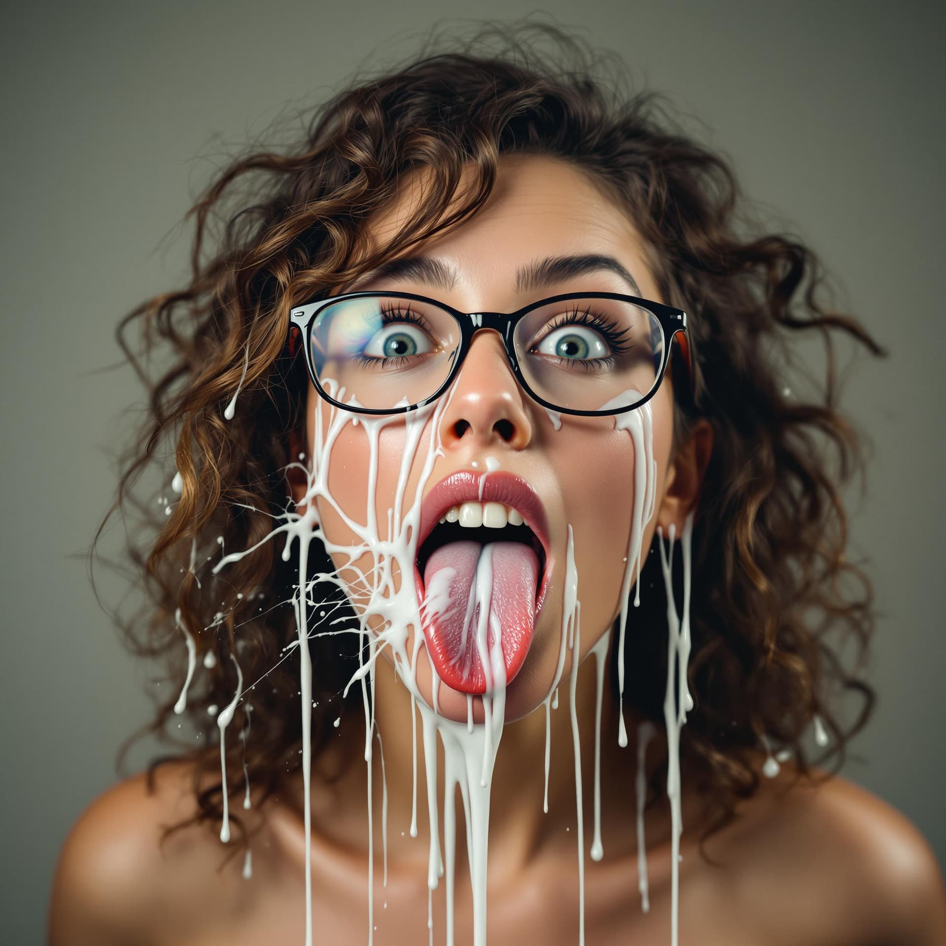 AI generated: Photorealistic, beautiful Amateur Girl, 45 years old, Brown curly Hair, wearing glasses, open mouth,...