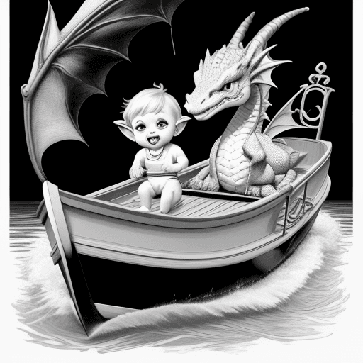 AI generated: happy  baby  dragon on a boat art lines black and white lines 