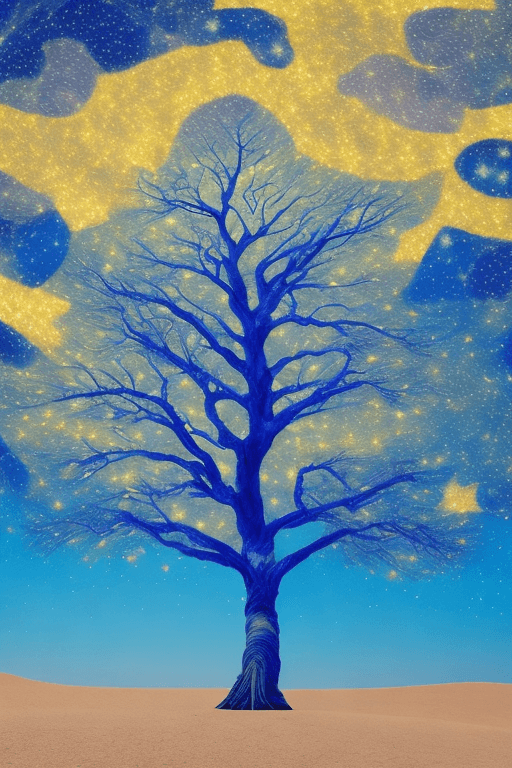 AI generated: Fantastic tree, Blue illumination, Long trunk, Leaves on top of the tree, Divine light, Starry night...