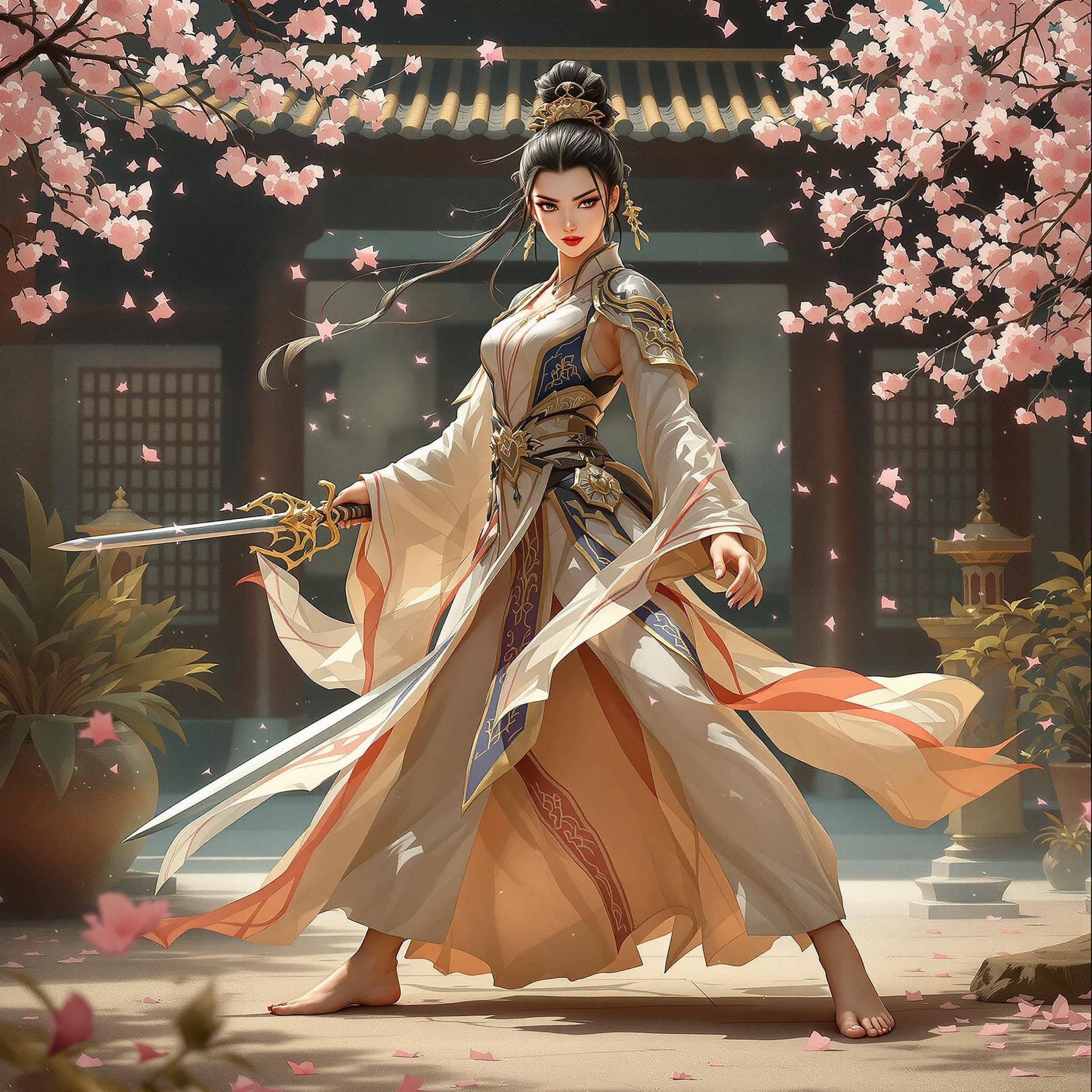 AI generated: Graceful Chinese warrior, Amazon inspiration, barefoot, full body view, focus on perfect feet perfec...