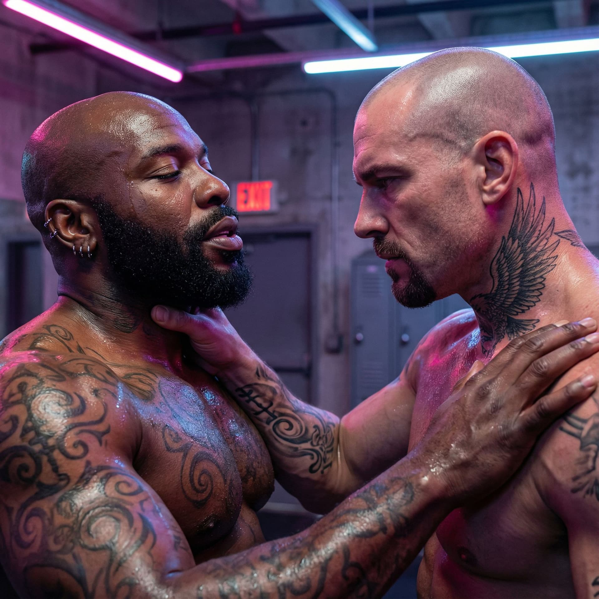 AI generated: "Intense close-up face-to-face confrontation between two extremely muscular, shirtless bald men in a...