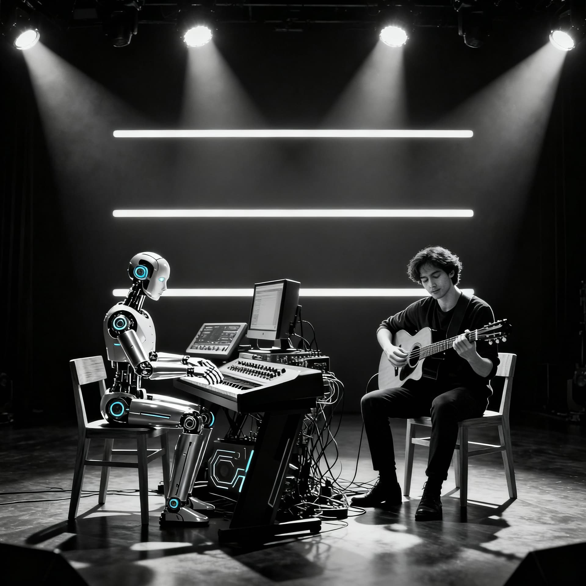 AI generated: A highly detailed, photorealistic black and white image, set on a dark, minimalist stage with dramat...
