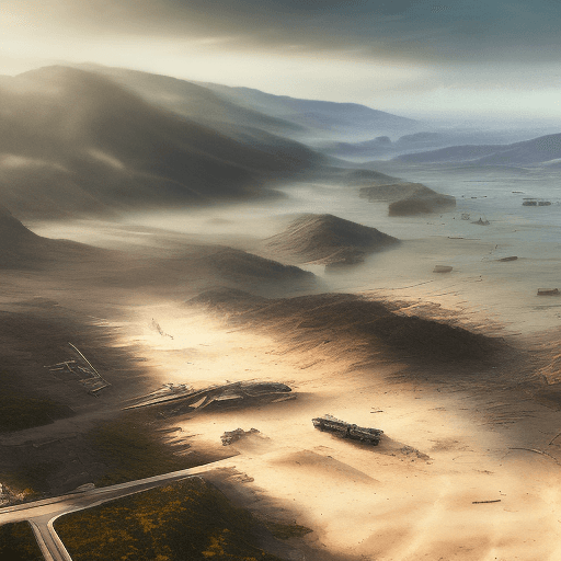 AI generated: realistic picture, upplight, fresh battlefield, battle dystopian, battle aftermath, dirt road, sea t...