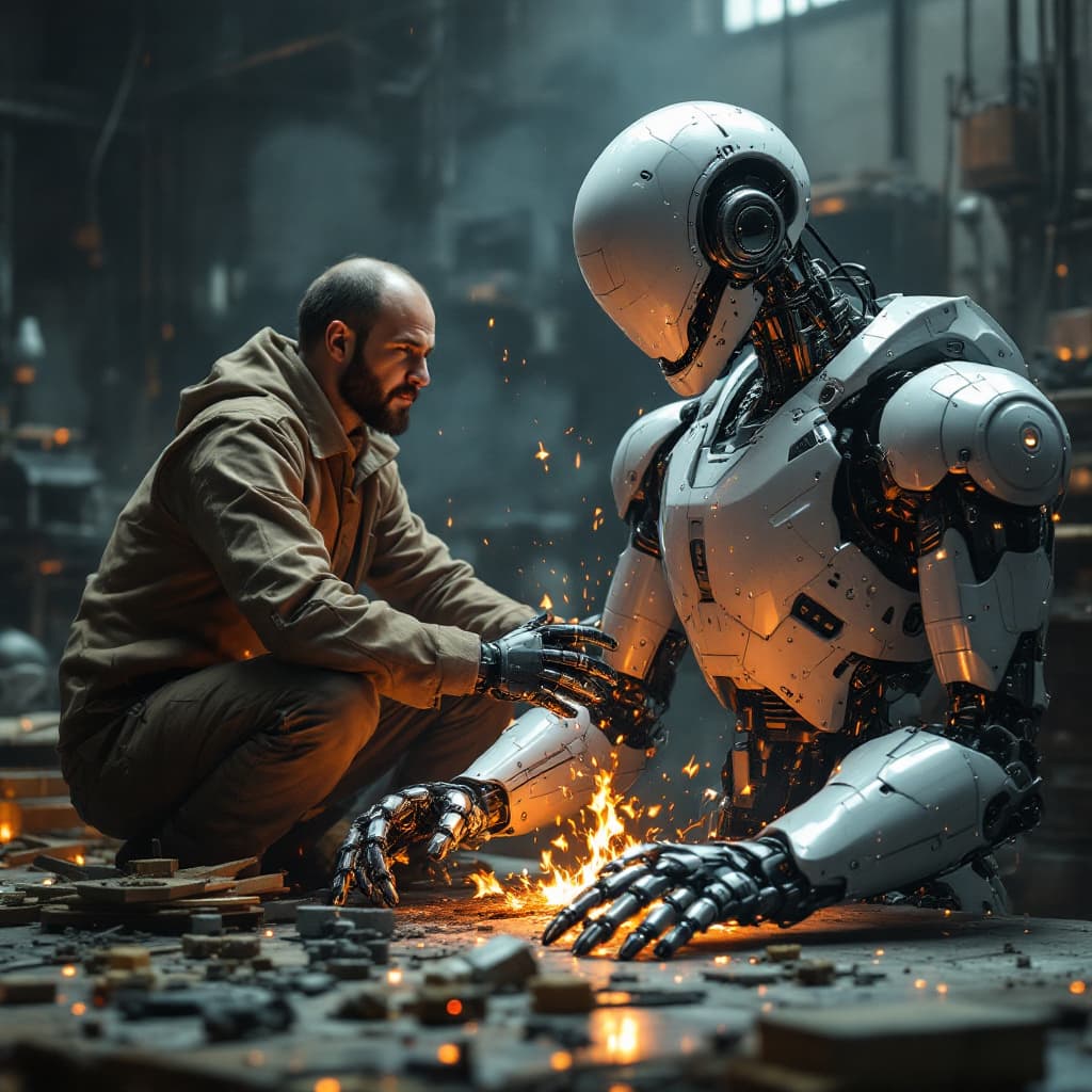 AI generated: an image for an engineer building a humanoid Robot and this robot killing him back