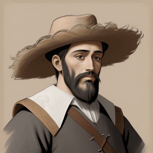 AI generated: Drawing for children's comic of a thin, bearded, 16th century Spanish man with a biretta and ruff