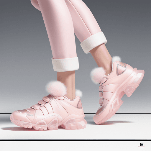 AI generated: Fashion shoot, Jacquemus and moncler collaboration: light pink translucent fur sneakers, hyper-reali...