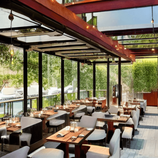 AI generated: Exterior design of contemporary restaurant, outdoor seating area, outdoor dining, natural color tone...