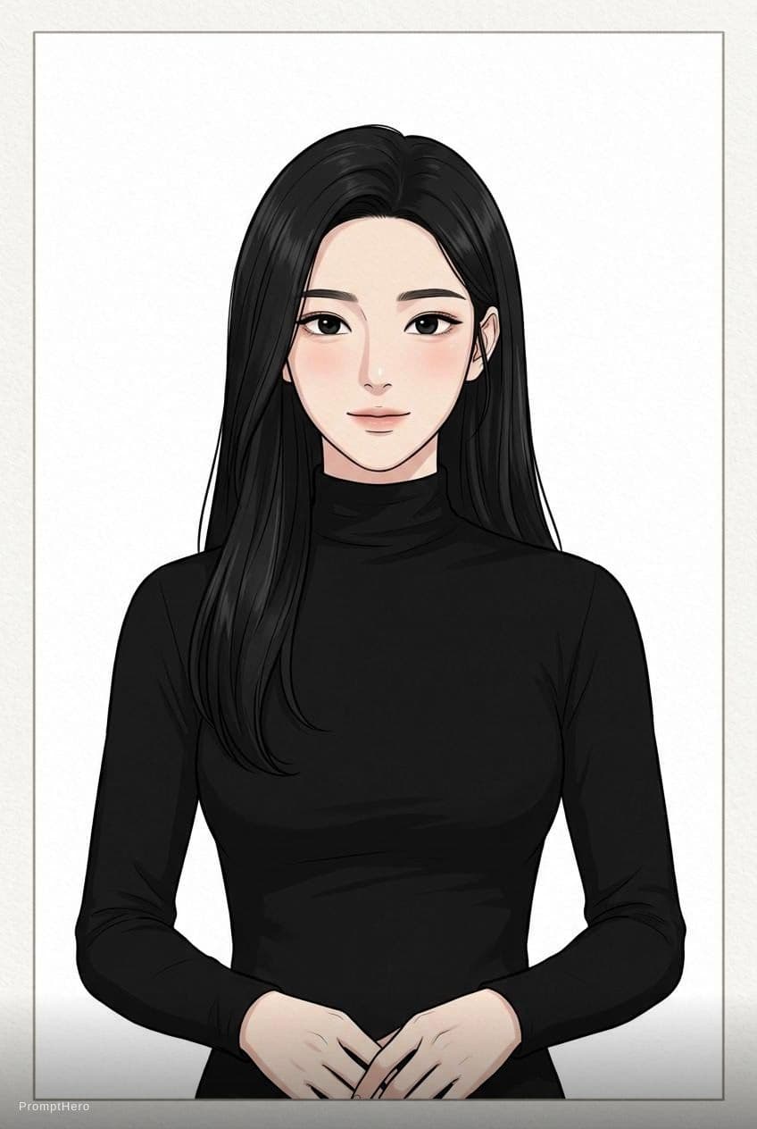 AI generated: a simple manhwa style beautiful woman with black hair, white background, black outfit, reserved pers...