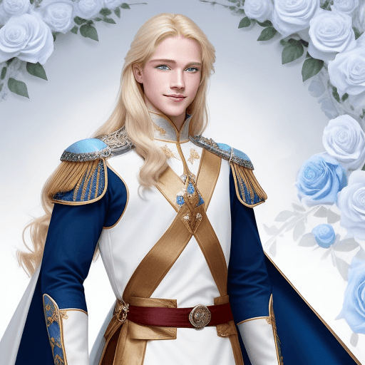 AI generated: generates a prince charming, blond with blue eyes and long hair, tall and muscular, chivalrous with ...