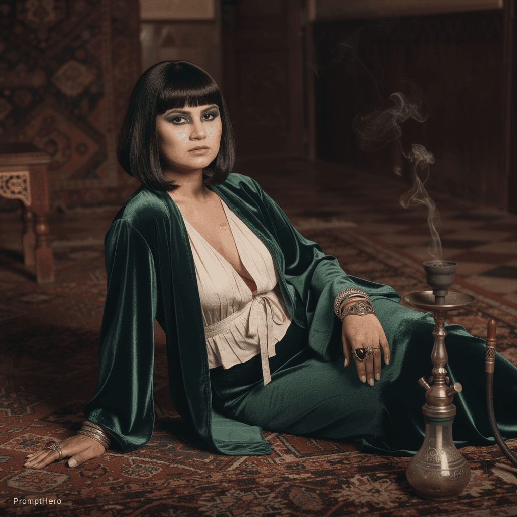 AI generated: A curvy, pale-skinned woman with an ink-black, chin-length bob and smoldering smoky eyes lounges sed...