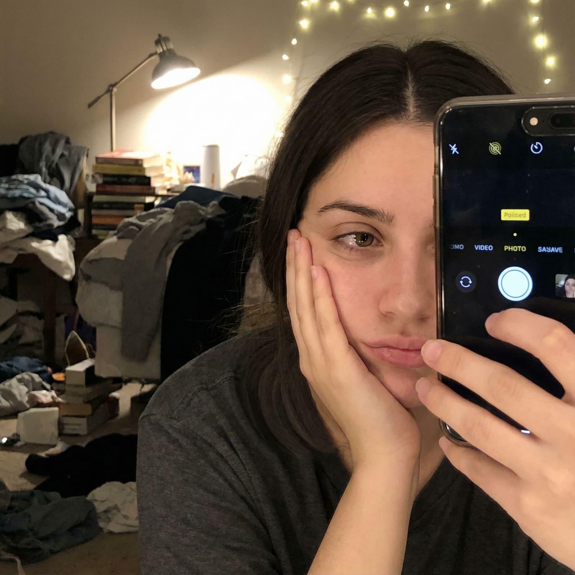 AI generated: Use input image as reference. Create An extremely mediocre iPhone front camera selfie, with no clear...