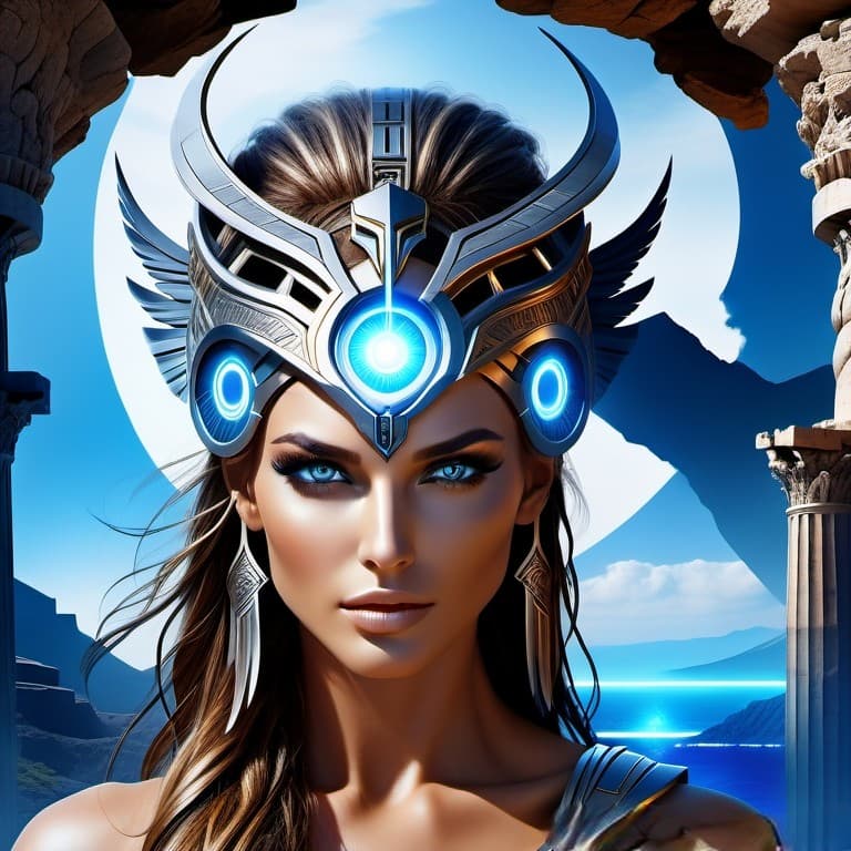 AI generated: A highly detailed portrait of a beautiful ancient greek Atlantean goddess, in a futurewave style, sh...