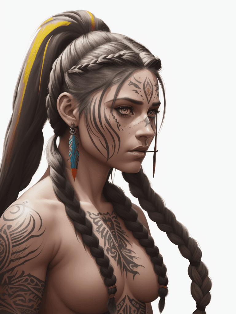 AI generated: a full color pencil drawing of an attractive woman with braided hair, warrior goddess, feathers in h...