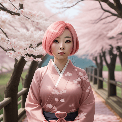 AI generated: Asian woman stands under sakura, cute face, pink hair, bob hairstyle, leaves fall, autumn, landscape...