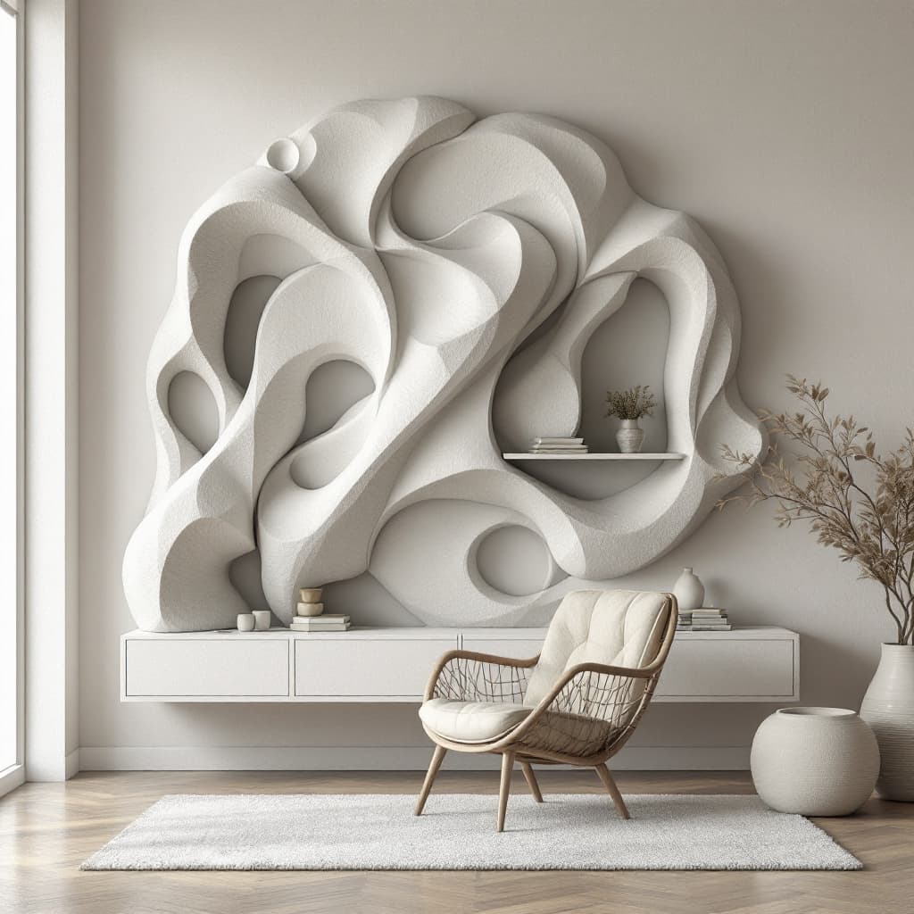 AI generated: Generate an image of a plaster sculpture, based on a living room shelf form, enhacing the material t...