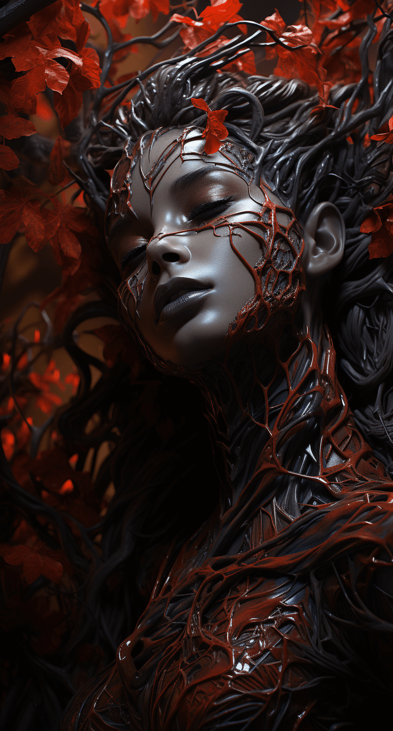 AI generated: a woman's body covered in vines chasing fire, in the style of dark silver and crimson, realistic hyp...