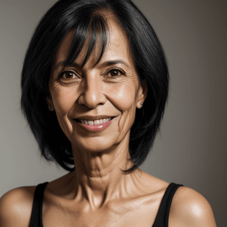 AI generated: hyper realistic headshot photo of a 55 year old brasilian (woman 1.5), black hair, slim, skinny, loo...