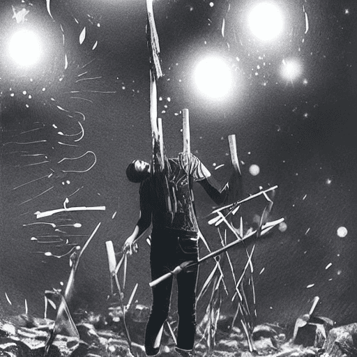 AI generated: A male drummer, short black hair, black shirt,black jeans,play the drums with sticks in her hand, in...