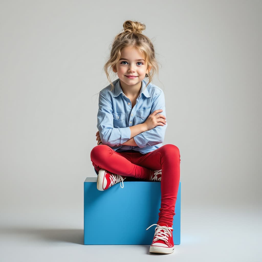 AI generated: studio portrait, photography, Hasselblad H6D-100c, pensive blonde 8 years old girl, wearing light bl...