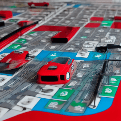 AI generated: white background, rush hour board game open to play, instruction card visible with all colored cars,...
