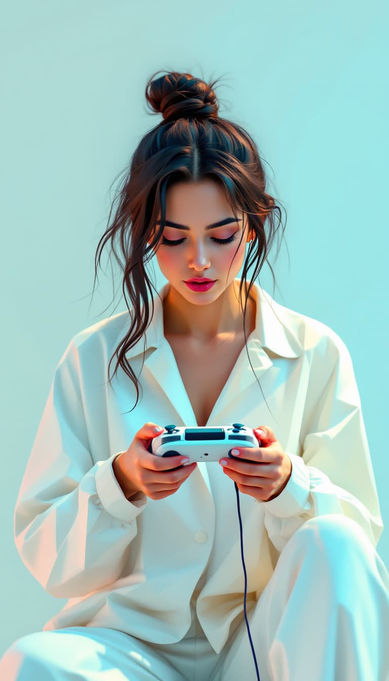 AI generated: Low Poly Art, Faceted Forms, Flat Shading, Minimalist, Woman Holding a Game Controller Playing, Enga...