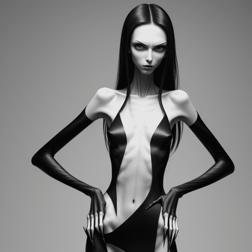 AI generated: photo of face an extremely skinny, flat-chested model with very elongated long nails,  claws placed ...