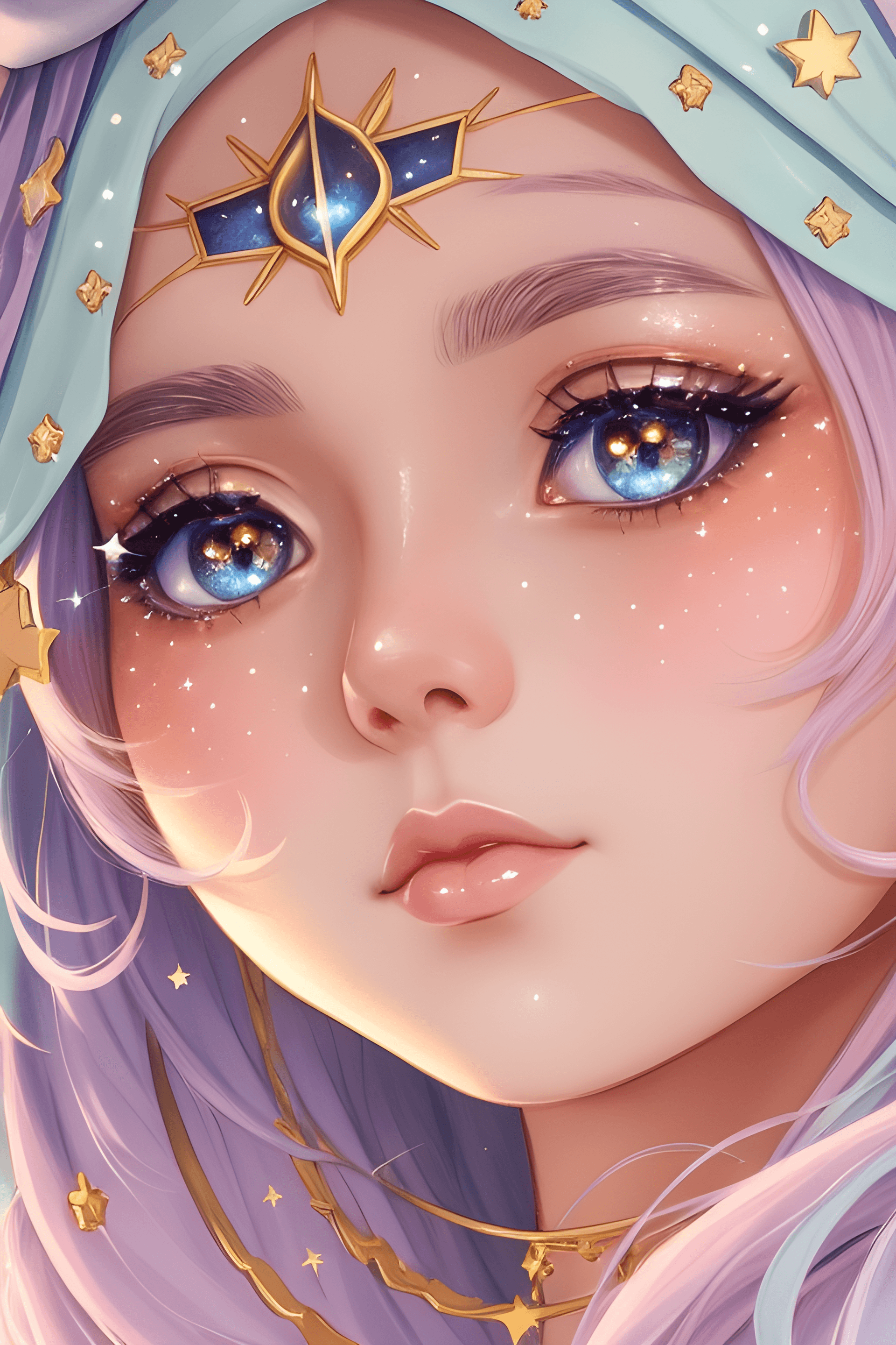 AI generated: a close up of a woman with stars on her face, stars in her gazing eyes, anime vibes, stars in her ey...