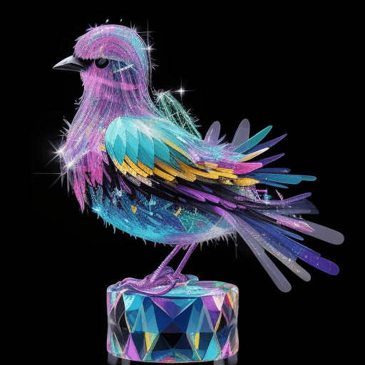 AI generated: double exposure beautiful crystal bird made of colorful sparkles and patches on of neon against a bl...