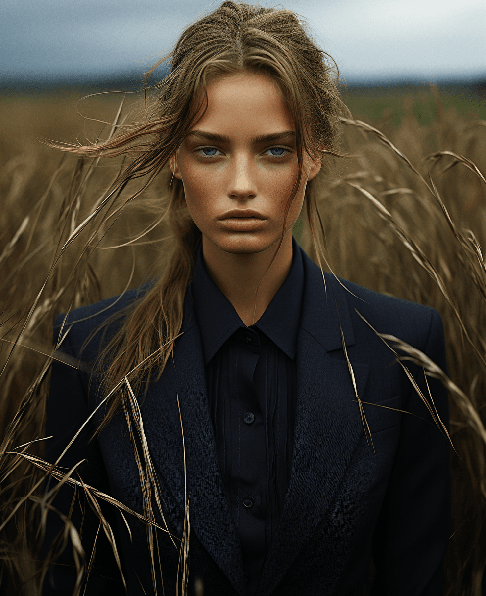 AI generated: a woman stands with her head down in some tall grass, in the style of fashion photography, scottish ...