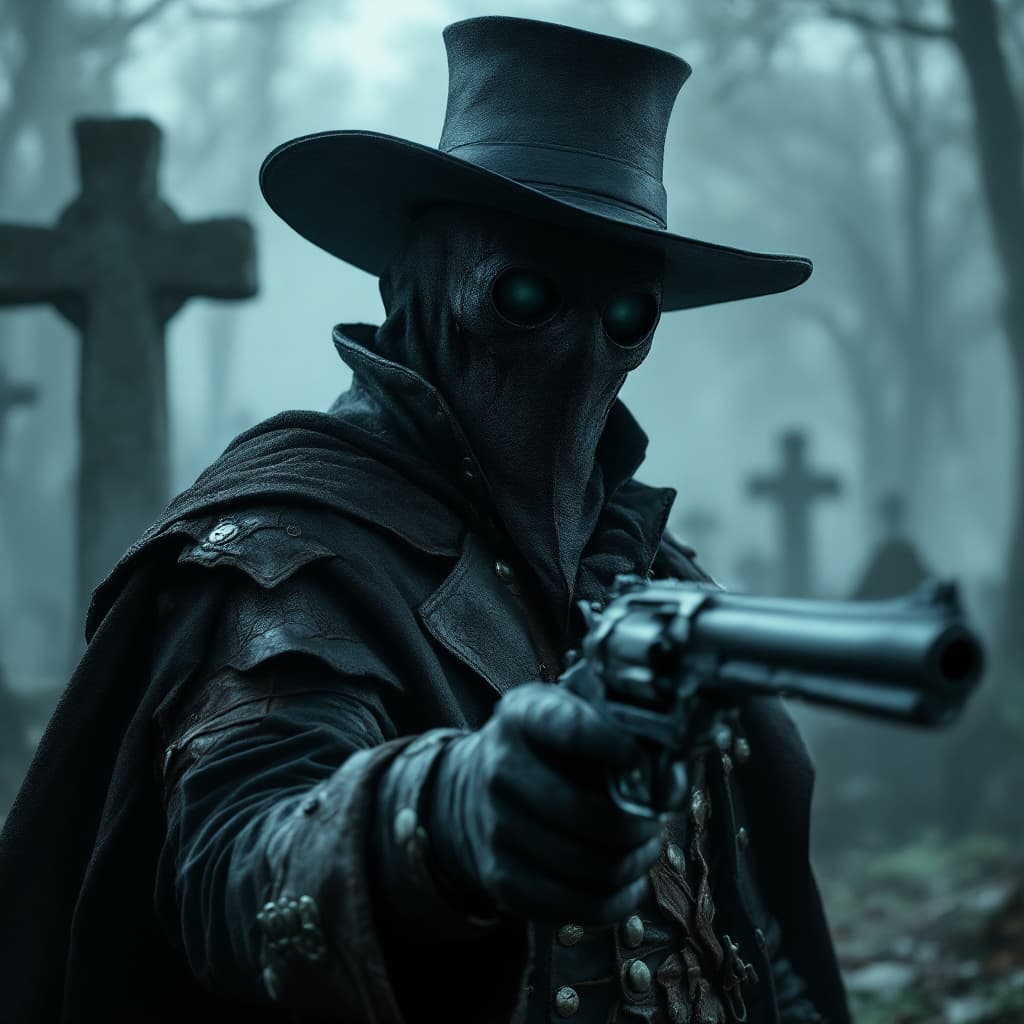AI generated: 17th century Plague doctor, graveyard, fog, Hat, mask, leather, 6-shooter revolver, highly detailed,...