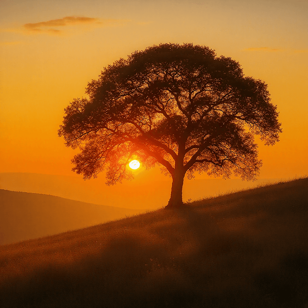 AI generated: Tree on a hill in sunset 