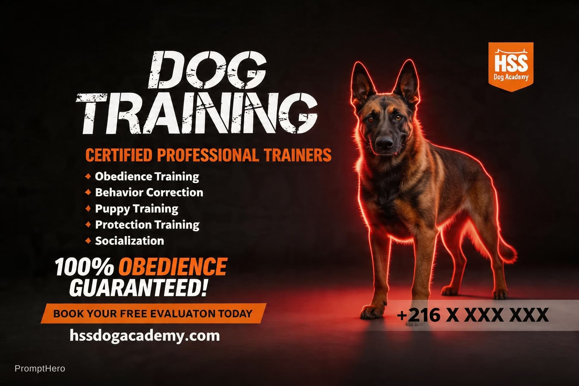 AI generated: Dog. A Belgian Malinois standing alert, illuminated by dramatic studio lighting with subtle red (#C1...