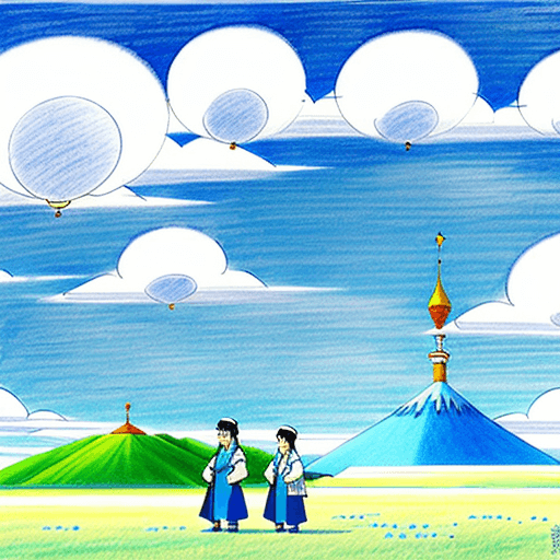 AI generated: Kazakhs celebrate Nauryz. Blue sky. Springtime. Hayao Miyazaki style drawing. 