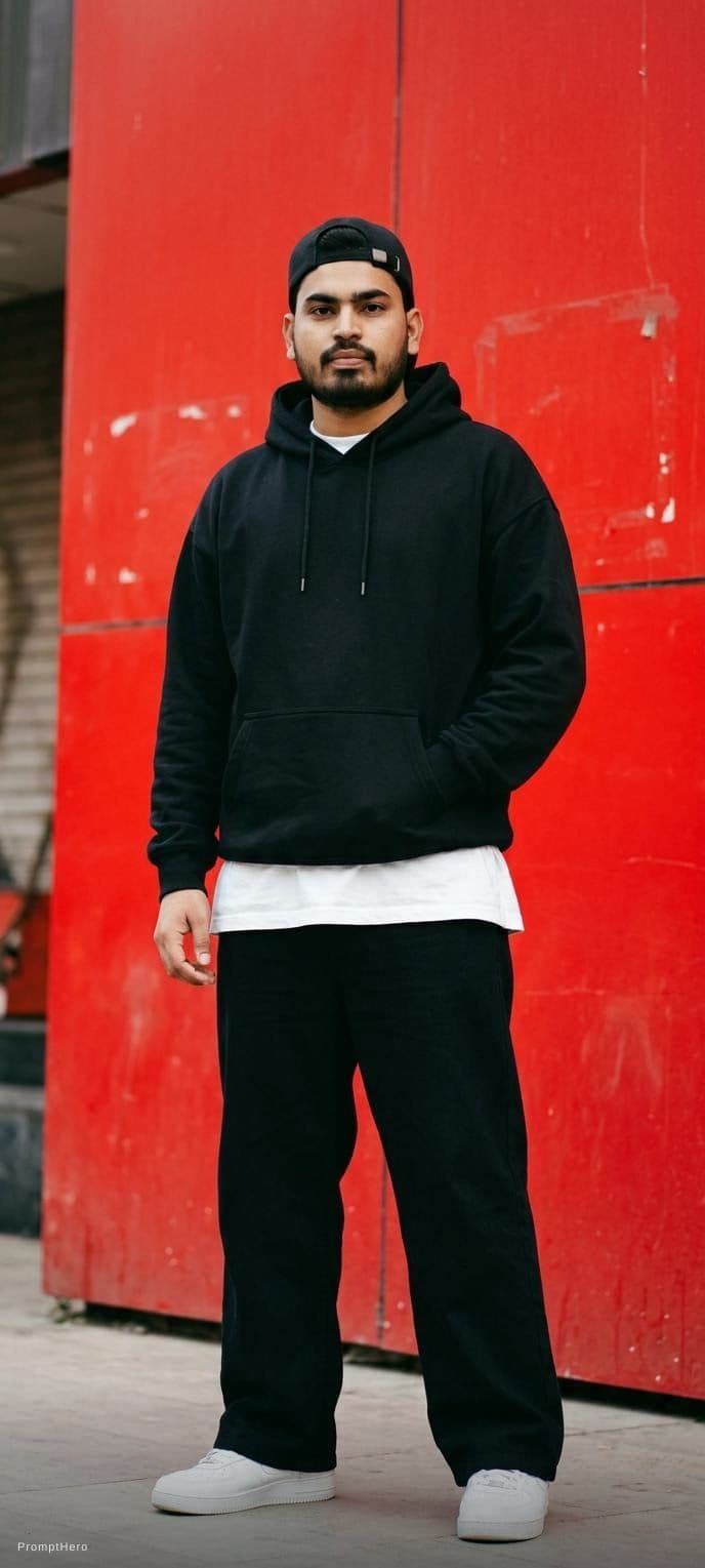 AI generated: capturing a casual yet stylish vibe, a figure in a loose, oversized black street wearing and wide-le...