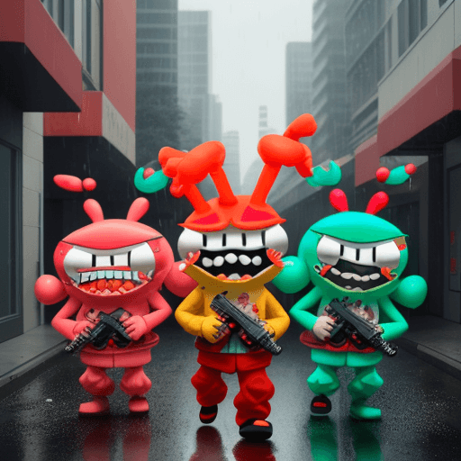 AI generated: generate mr krabs with a gen 5 glock with a switch pointed at gumball from cartoon network and gumba...